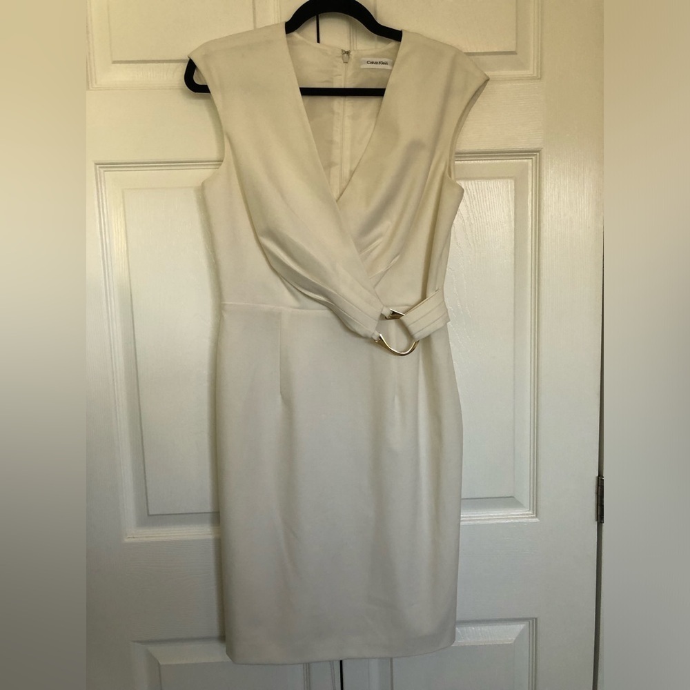 White Calvin Klein V Neck Dress with Gold Hardware Size 8